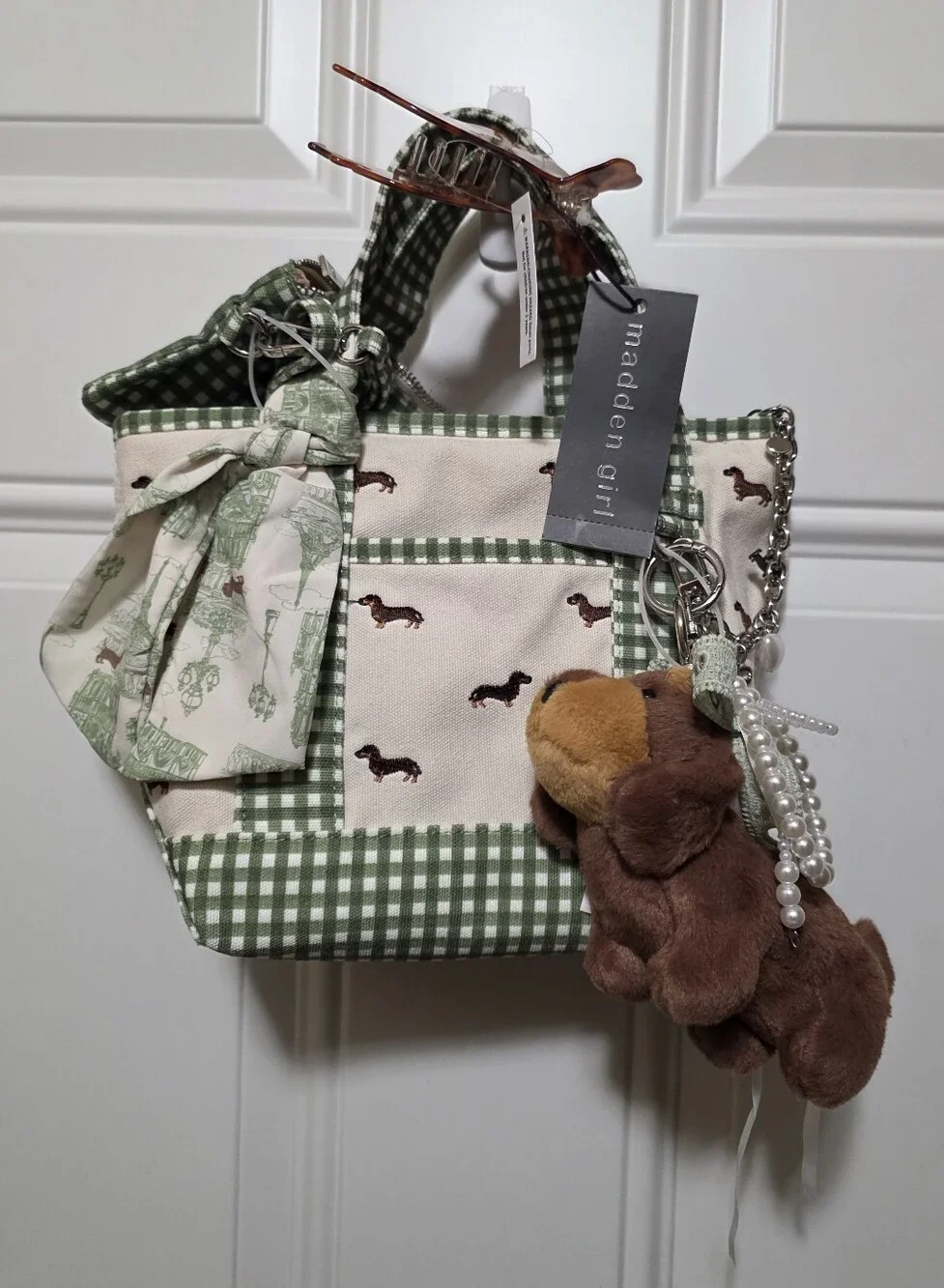 Madden Girl Dachshund Gingham Small Tote Bag w/ Coin Pouch/Dog Charm/ Scarf NWT
